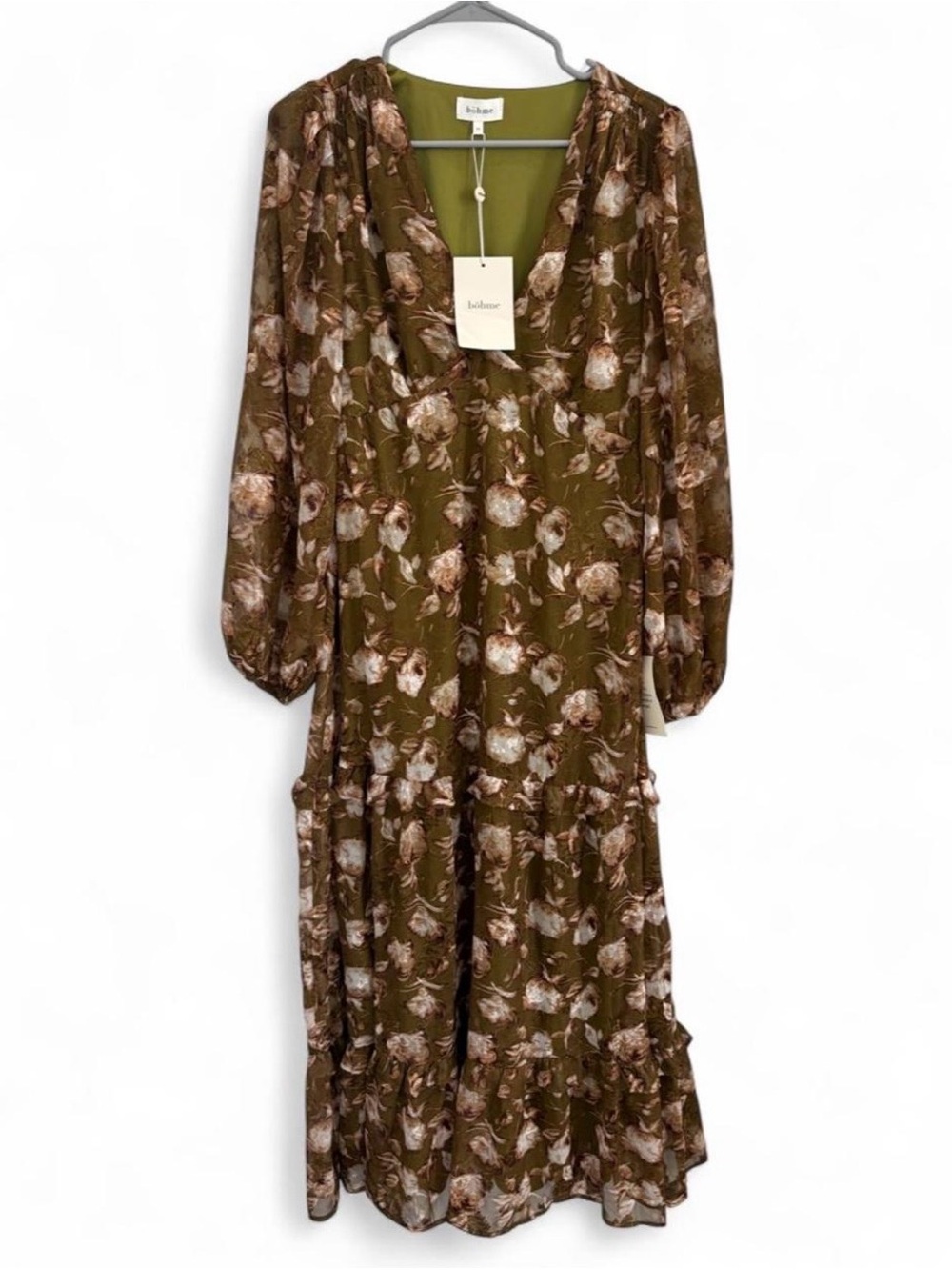 NWT Böhme Olive Floral Maxi Dress Long Sleeve Tiered Boho Cottagecore Medium